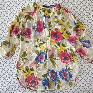 DEPRI Watercolor Floral Semi-Sheer Button Tunic Top Medium
